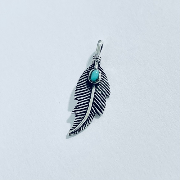Sterling Silver Feather Pendant with Turquoise, Silver Pendants, Silver Charm - Picture 3 of 5